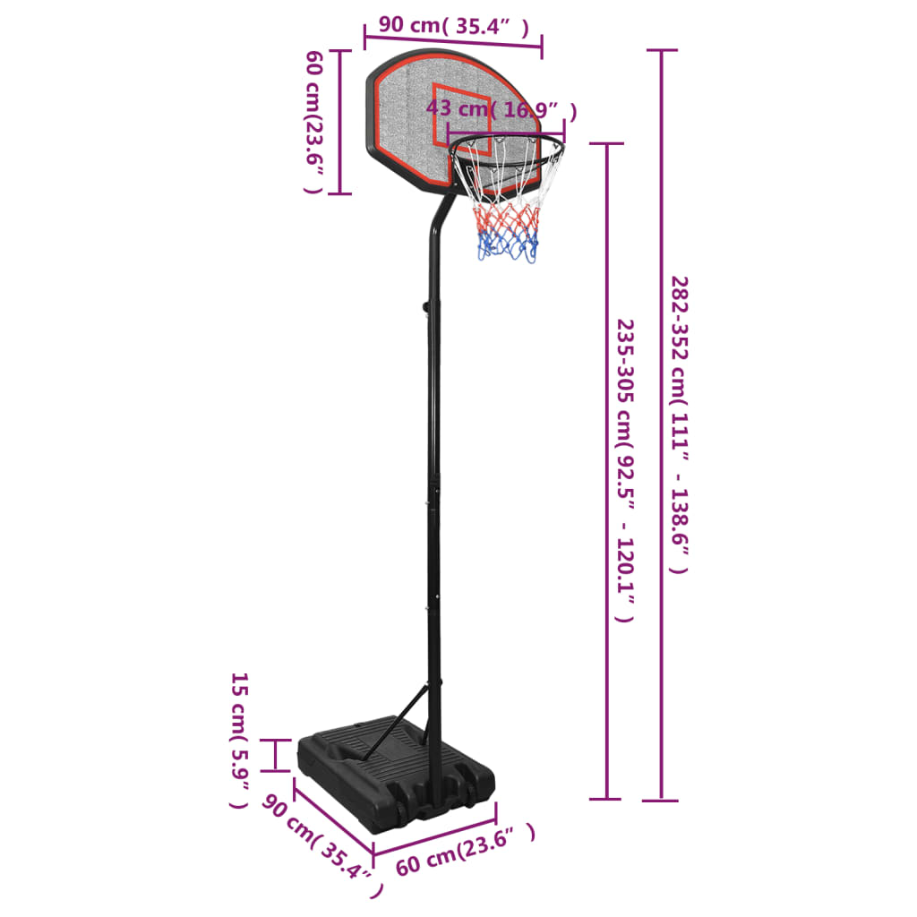 vidaXL basketbola vairogs, melns, 282-352 cm, polietilēns