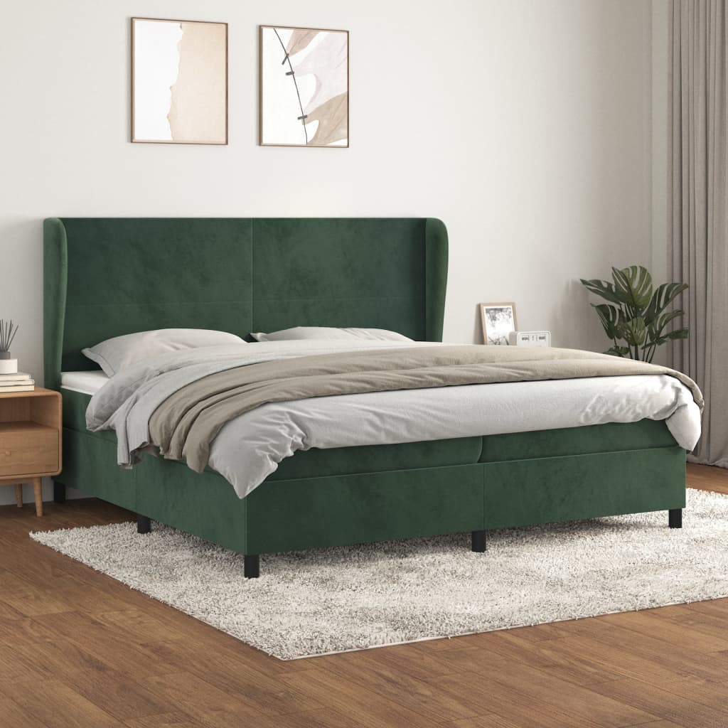 vidaXL atsperu gulta ar matraci, tumši zaļš samts, 200x200 cm