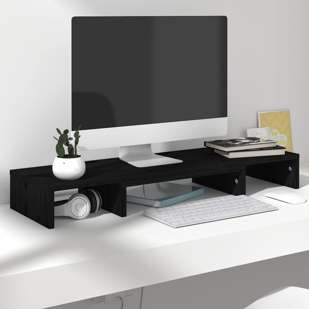 vidaXL monitora paliktnis, melns, 80x24x10,5 cm, priedes masīvkoks