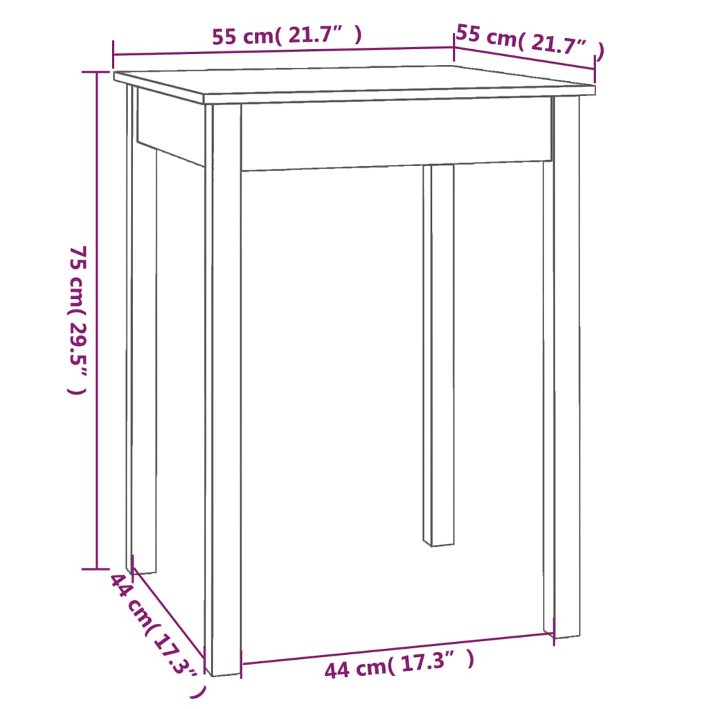vidaXL virtuves galds, balts, 55x55x75 cm, priedes masīvkoks