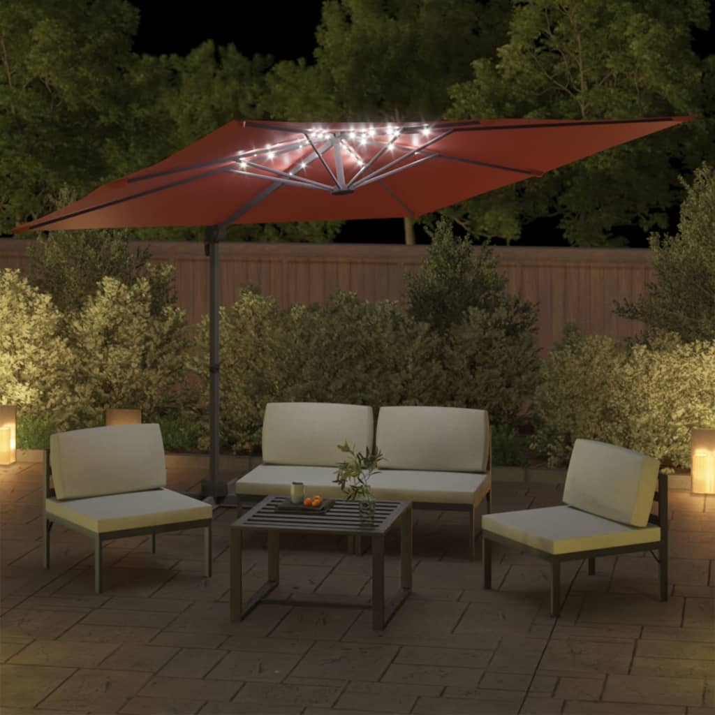 vidaXL LED dārza saulessargs, 400x300 cm, sarkanbrūns