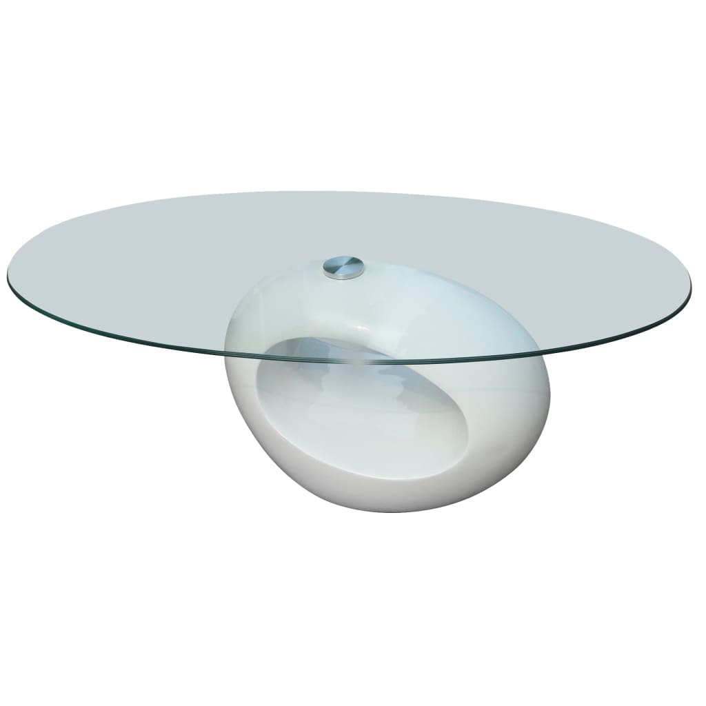 vidaXL kafijas galdiņš ar ovālas formas stikla virsmu, spīdīgs, balts