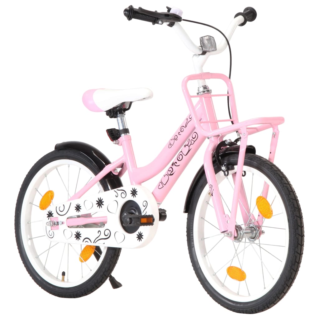 vidaXL bērnu velosipēds ar priekšējo bagāžnieku, 18'', rozā ar melnu