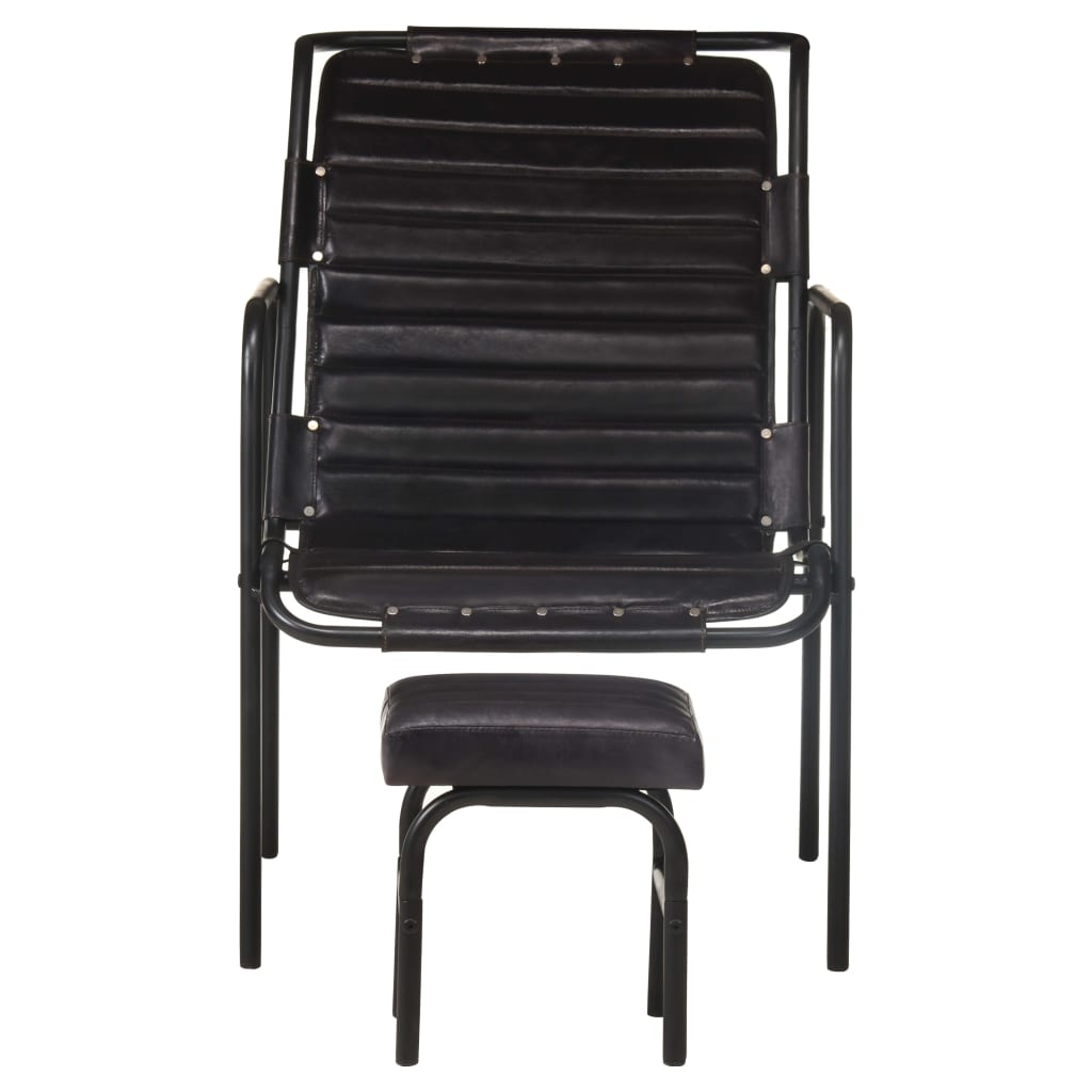 vidaXL atpūtas krēsls ar kājsoliņu, melna dabīgā āda