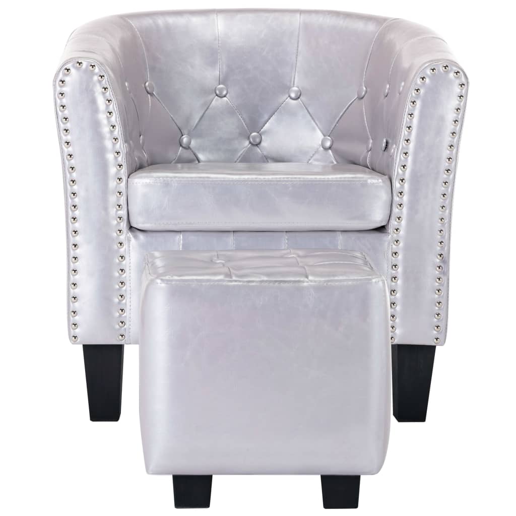 vidaXL klubkrēsls ar kāju soliņu, spīdīga sudraba krāsas mākslīgā āda