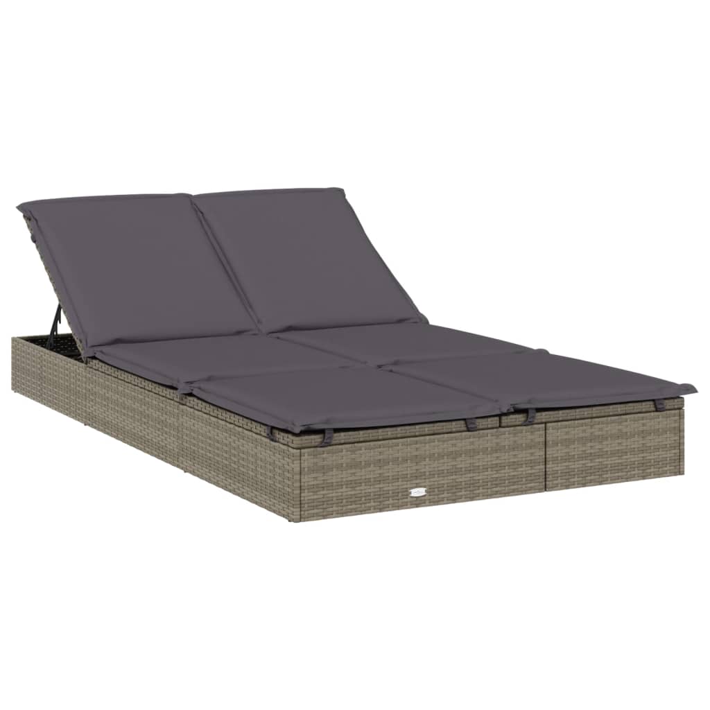 vidaXL sauļošanās gulta ar jumtu, PE rotangpalma, divvietīga, pelēka