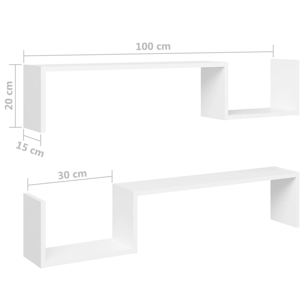 vidaXL sienas plaukti, 2 gab., 100x15x20 cm, balti, skaidu plāksne