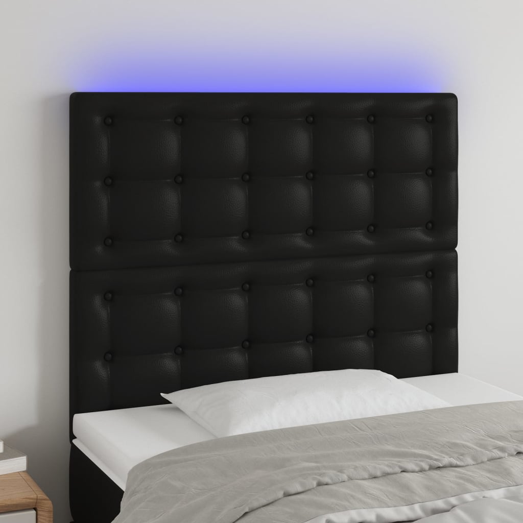 vidaXL gultas galvgalis ar LED, 100x5x118/128 cm, melns mākslīgā āda