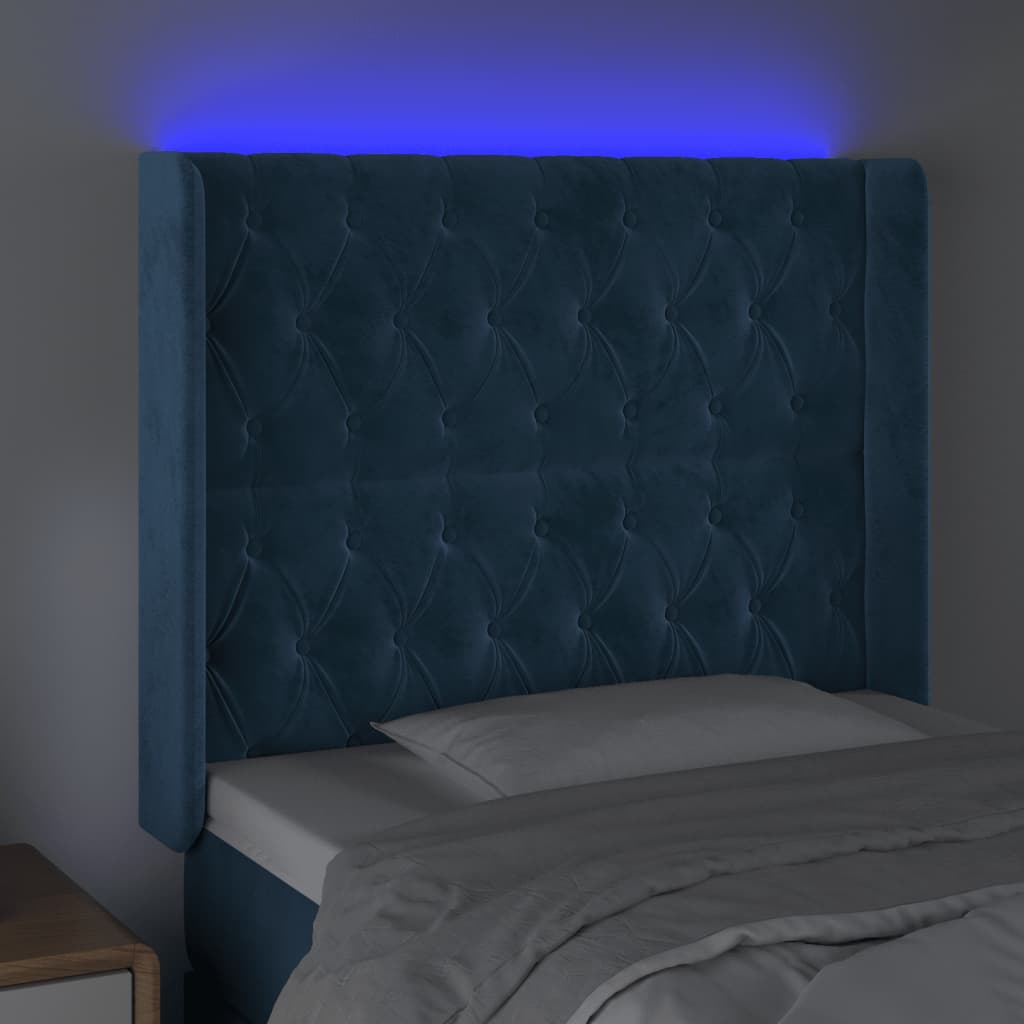 vidaXL gultas galvgalis ar LED, 93x16x118/128 cm, tumši zils samts
