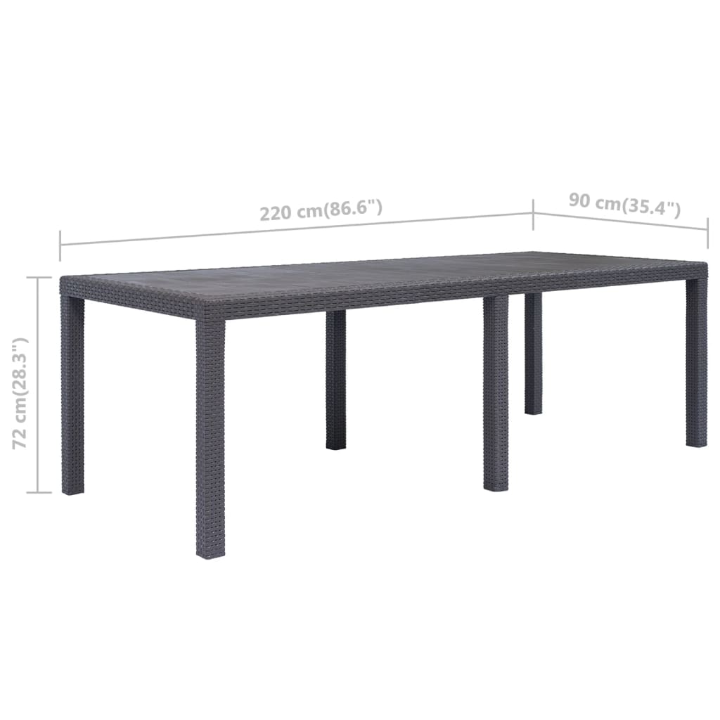 vidaXL dārza galds, brūns, 220x90x72cm, plastmasa, rotangpalmas raksts