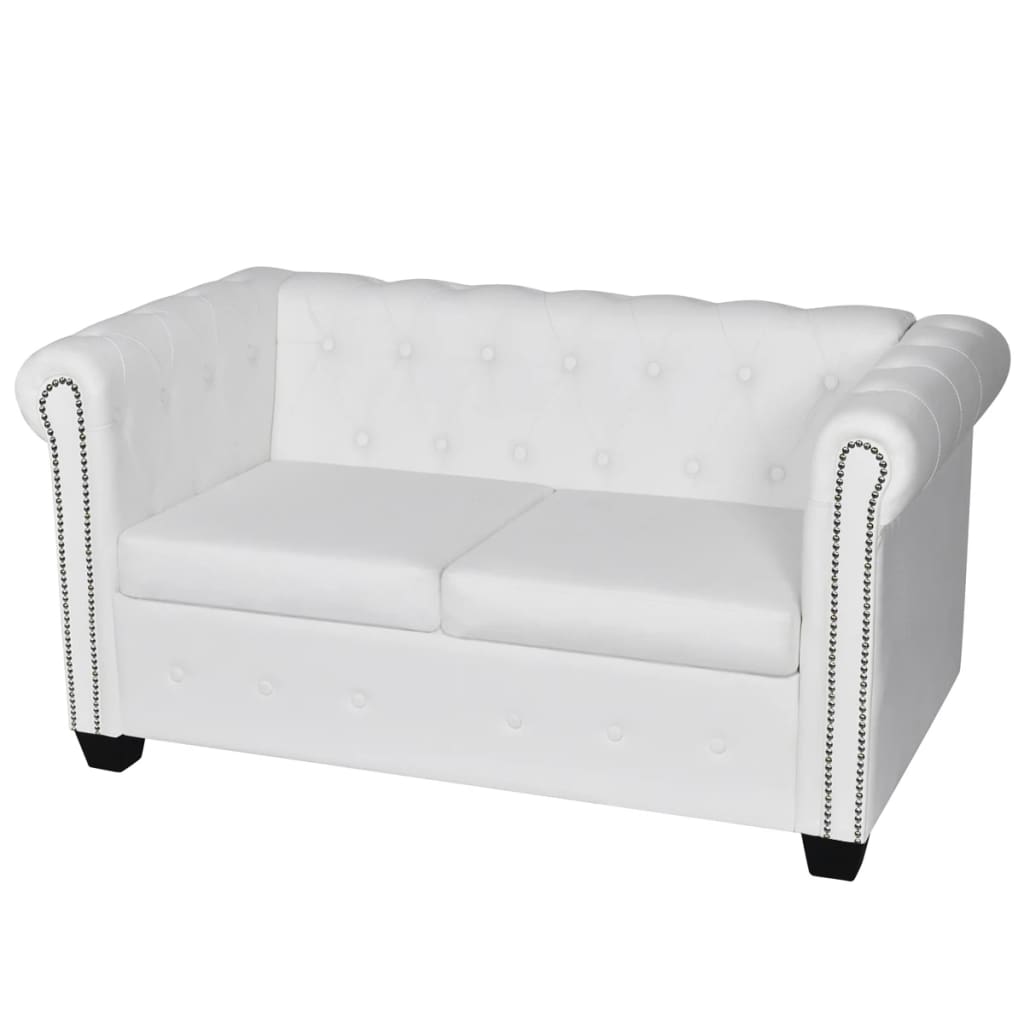 vidaXL Chesterfield dīvāns, divvietīgs, balta mākslīgā āda