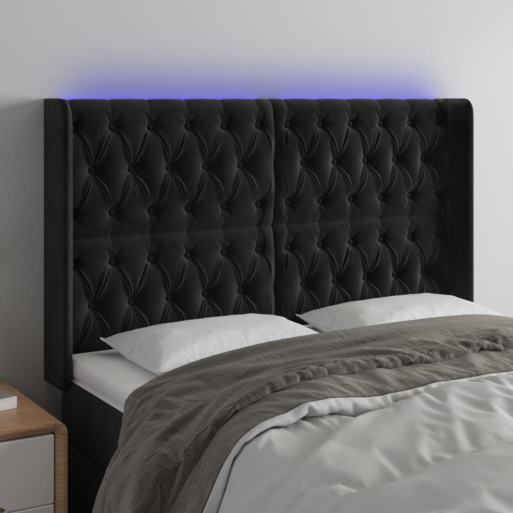 vidaXL gultas galvgalis ar LED, 147x16x118/128 cm, melns samts