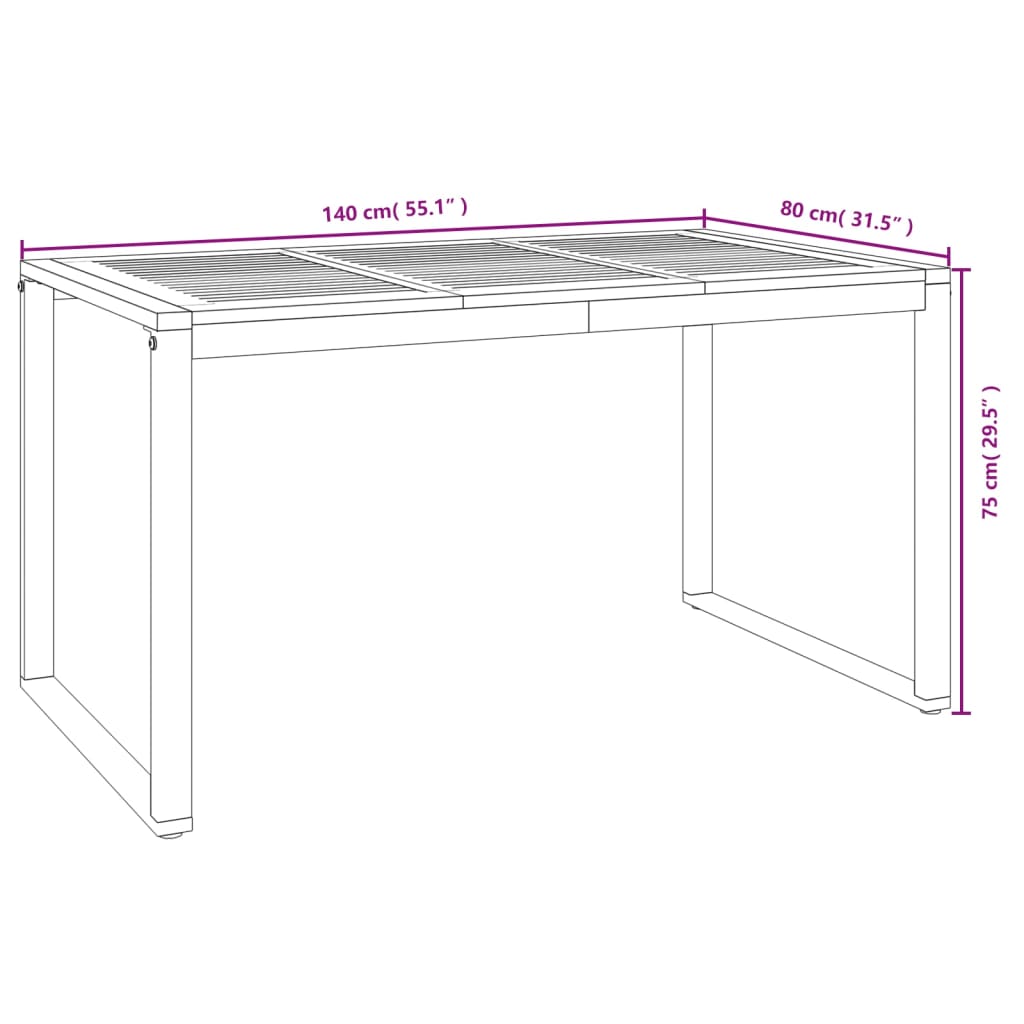 vidaXL dārza galds ar U-formas kājām, 140x80x75 cm, akācijas masīvkoks