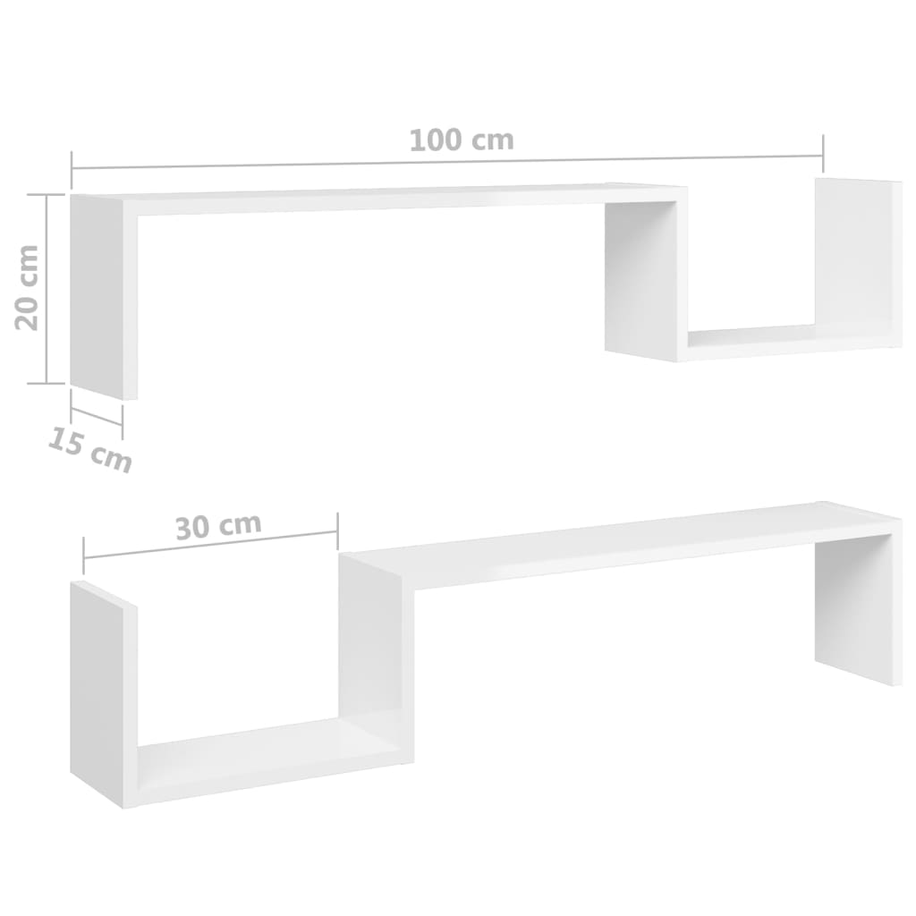 vidaXL sienas plaukti, 2 gab., 100x15x20 cm, balti, skaidu plāksne