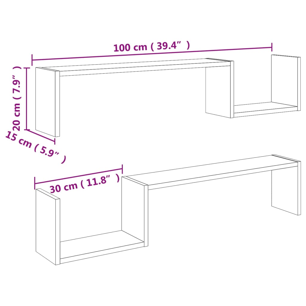 vidaXL sienas plaukti, 2 gab., 100x15x20 cm, ozolkoka, skaidu plāksne
