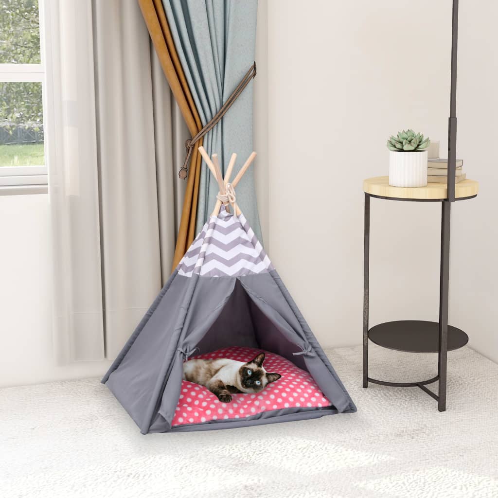 vidaXL kaķu telts ar somu, vigvama forma, pelēka, 60x60x70 cm