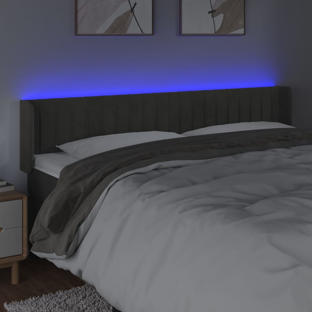 vidaXL gultas galvgalis ar LED, 163x16x78/88 cm, tumši pelēks samts
