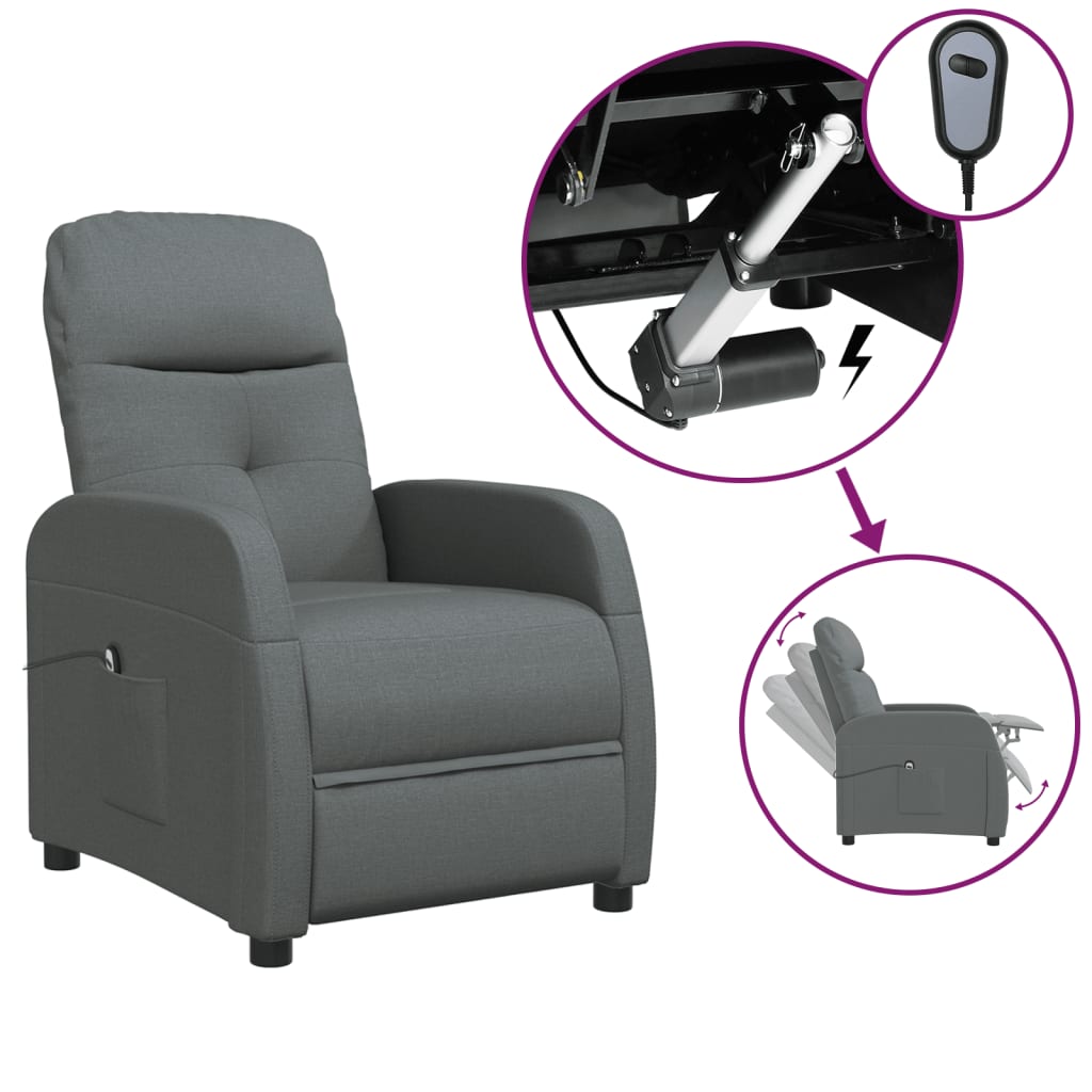 vidaXL elektrisks atpūtas krēsls, atgāžams, tumši pelēks audums