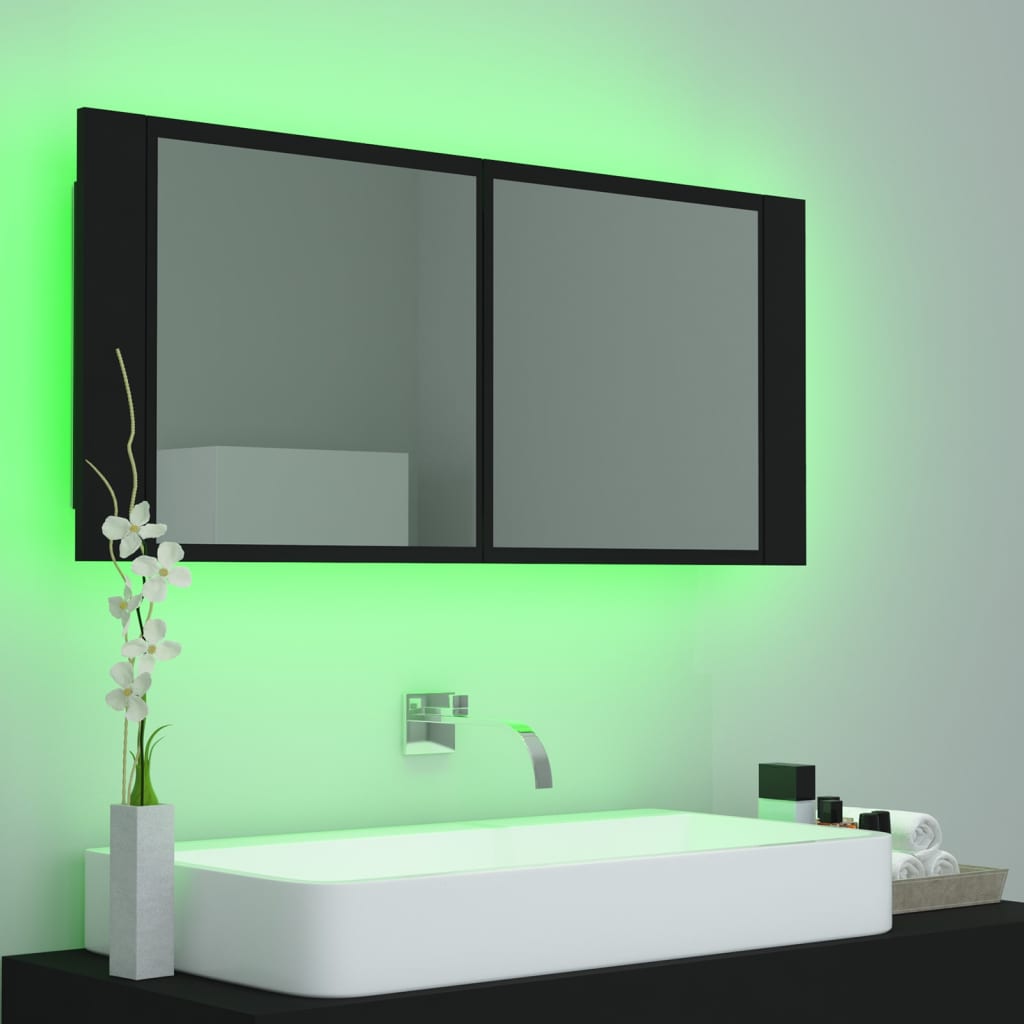 vidaXL vannasistabas spoguļskapītis ar LED, melns, 100x12x45cm, akrils