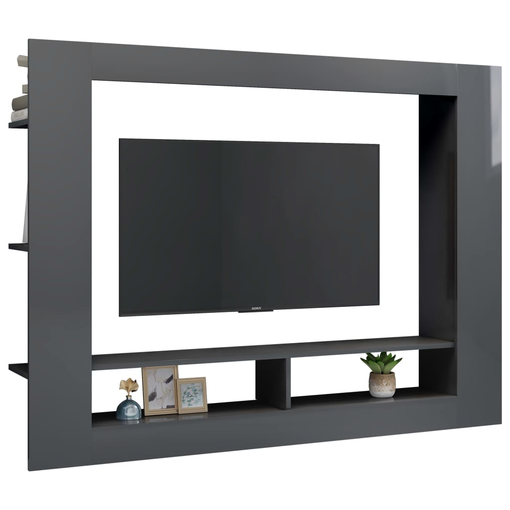 vidaXL TV skapītis, 152x22x113 cm, spīdīgi pelēka skaidu plāksne