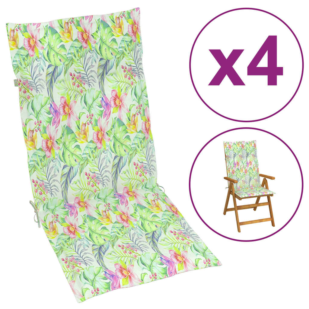 vidaXL dārza krēslu spilveni, 4 gb., lapu apdruka, 120x50x3 cm, audums