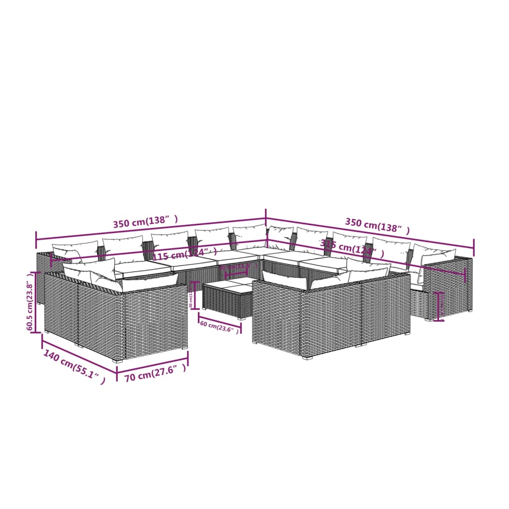 vidaXL 14-daļīgs dārza mēbeļu komplekts, matrači, melna PE rotangpalma