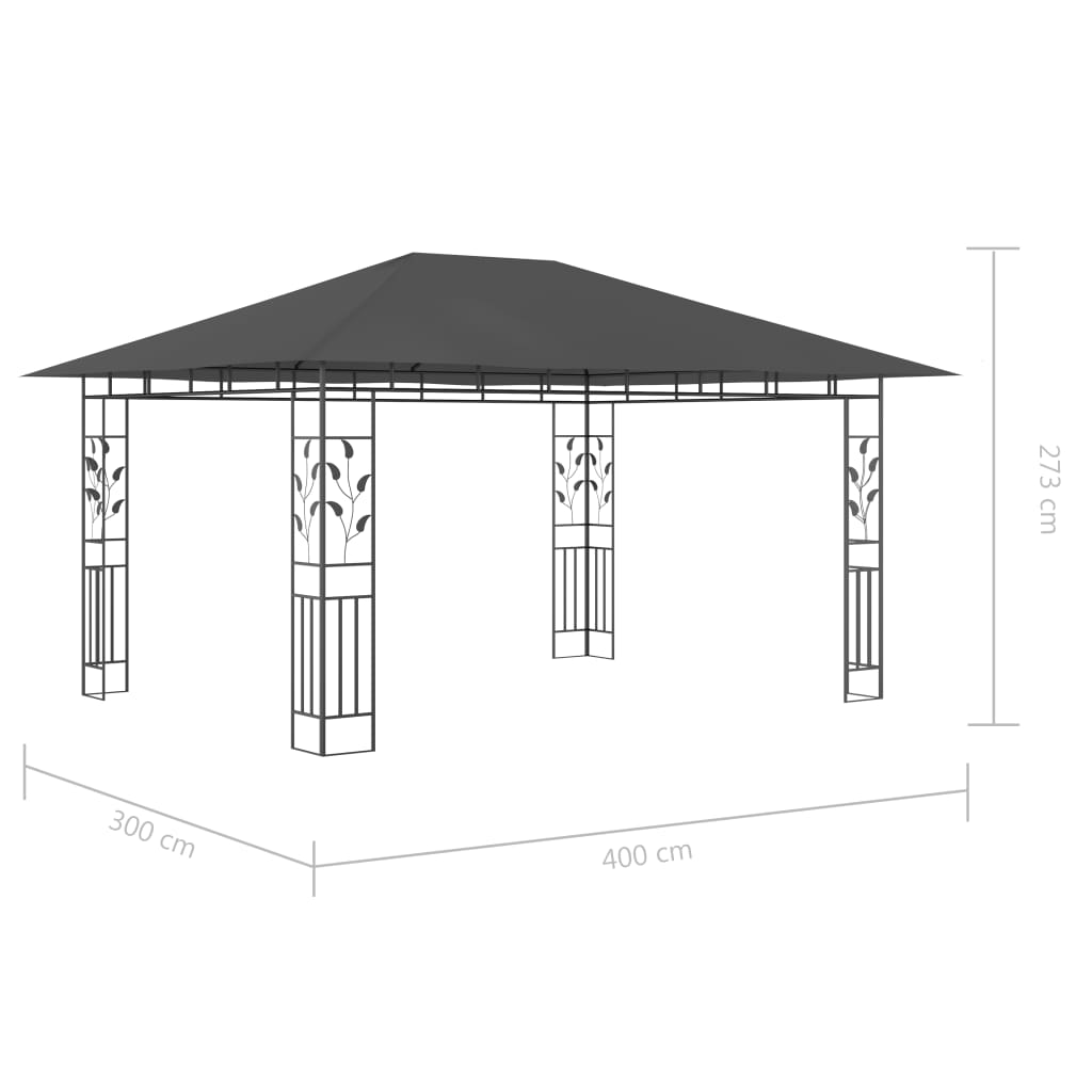 vidaXL dārza nojume ar moskītu tīklu un LED, 4x3x2,73 m, pelēka