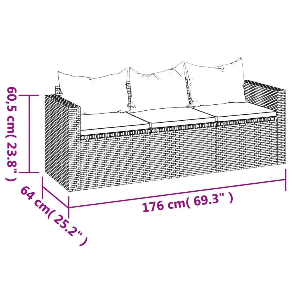 vidaXL trīsvietīgs dārza dīvāns ar matračiem, PE rotangpalma, brūns