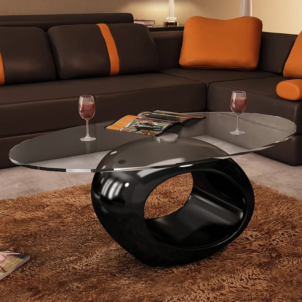 vidaXL kafijas galdiņš ar ovālas formas stikla virsmu, spīdīgs, melns