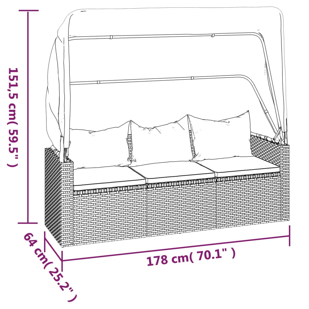 vidaXL trīsvietīgs dārza dīvāns ar kājsoliņu, pelēka PE rotangpalma