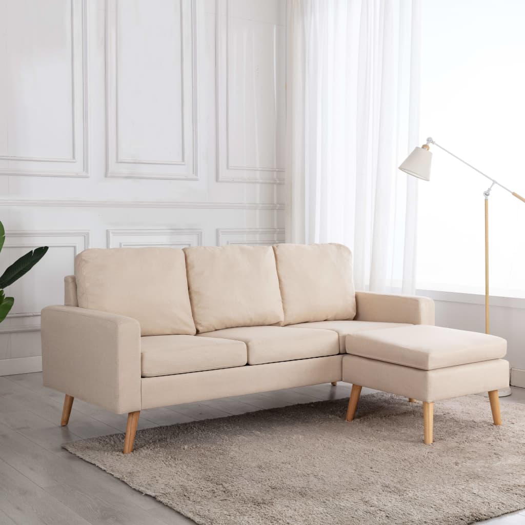 vidaXL trīsvietīgs dīvāns ar kājsoliņu, krēmkrāsas audums