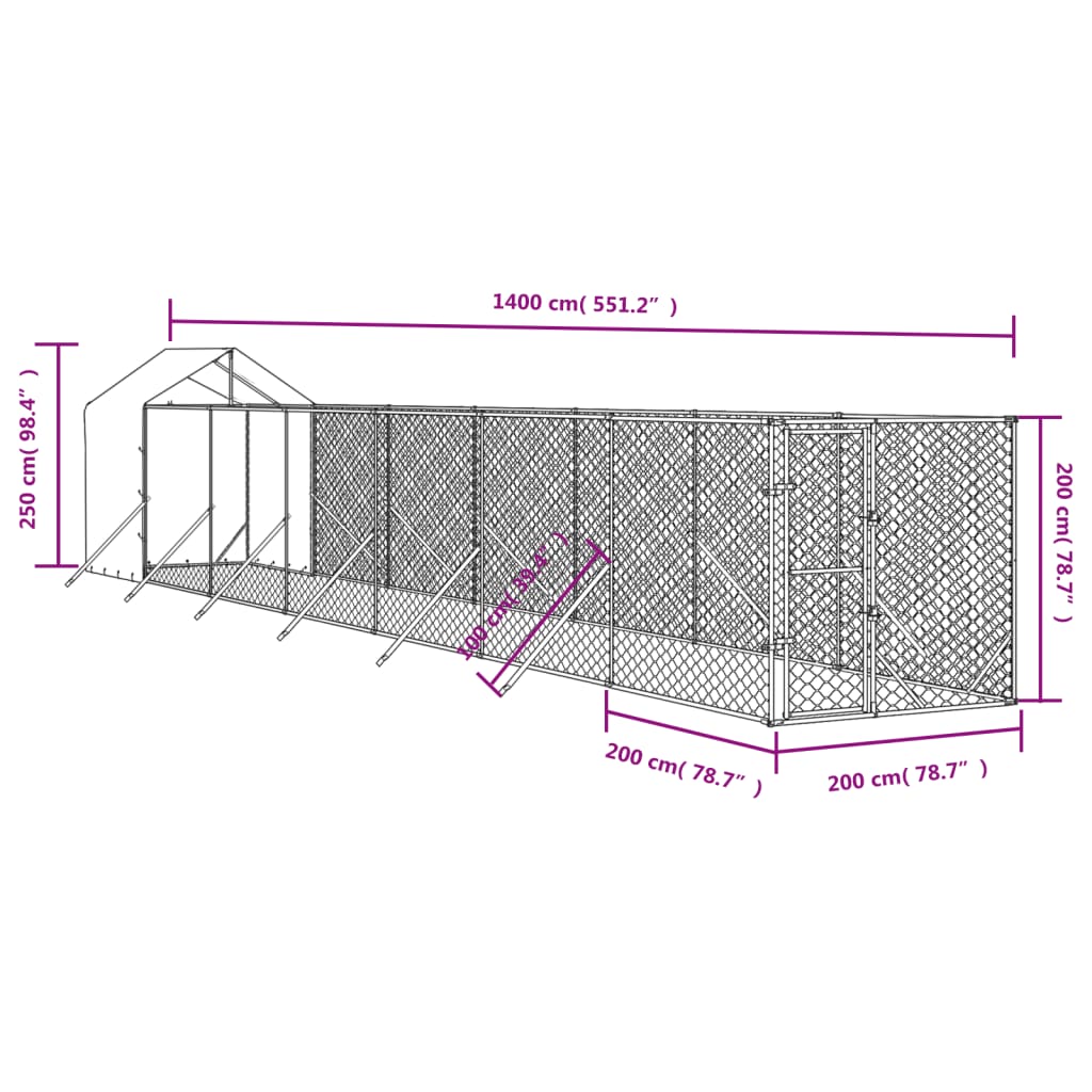 vidaXL suņu voljērs ar jumtu, 2x14x2,5m, cinkots tērauds,sudraba krāsā