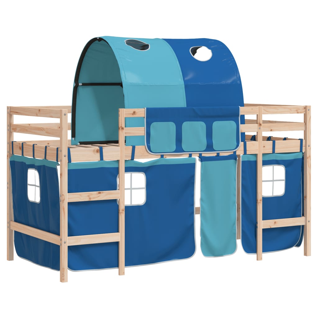 vidaXL bērnu augstā gulta ar tuneli, zila, 80x200 cm, priedes koks