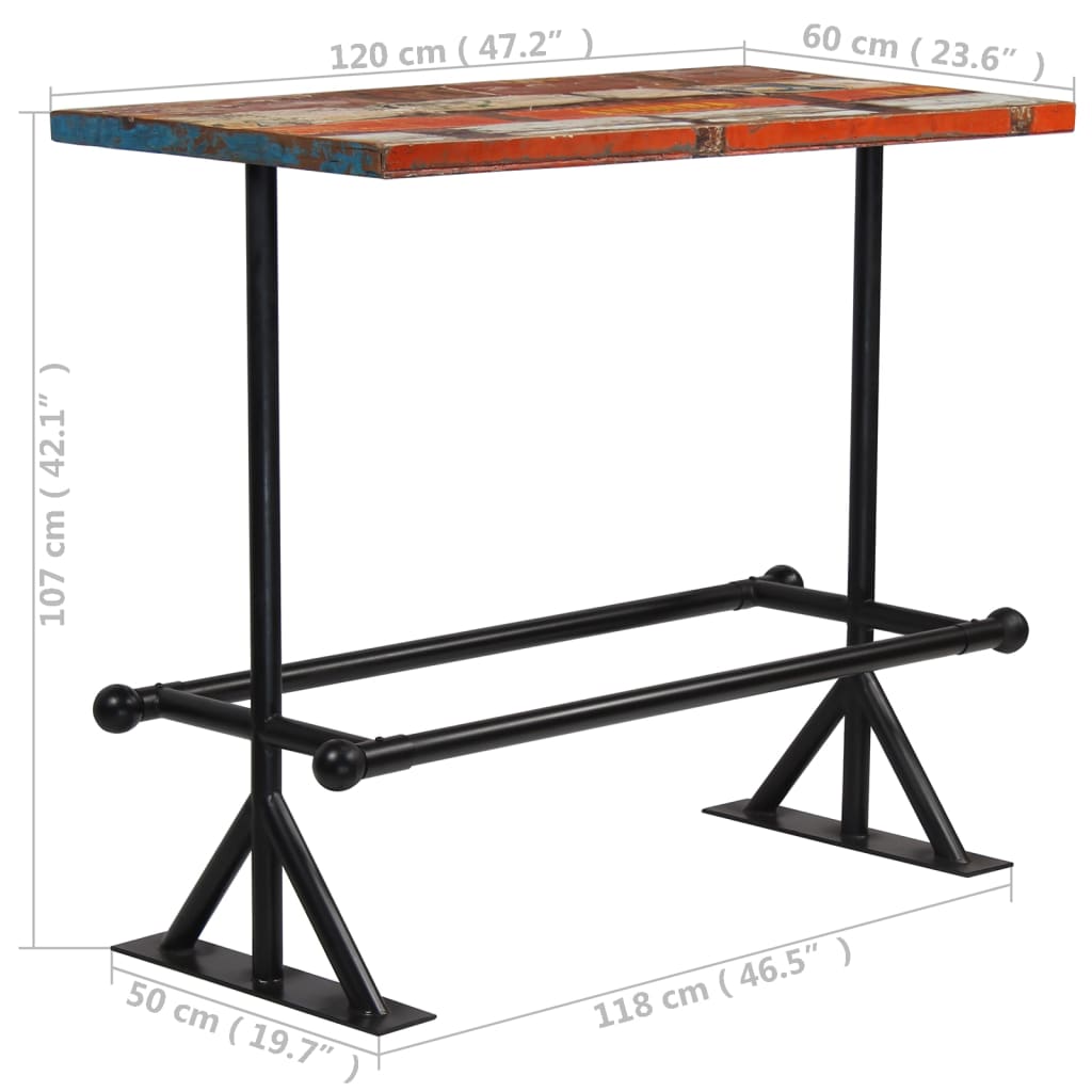 vidaXL bāra galds, 120x60x107 cm, pārstrādāts masīvkoks, daudzkrāsains