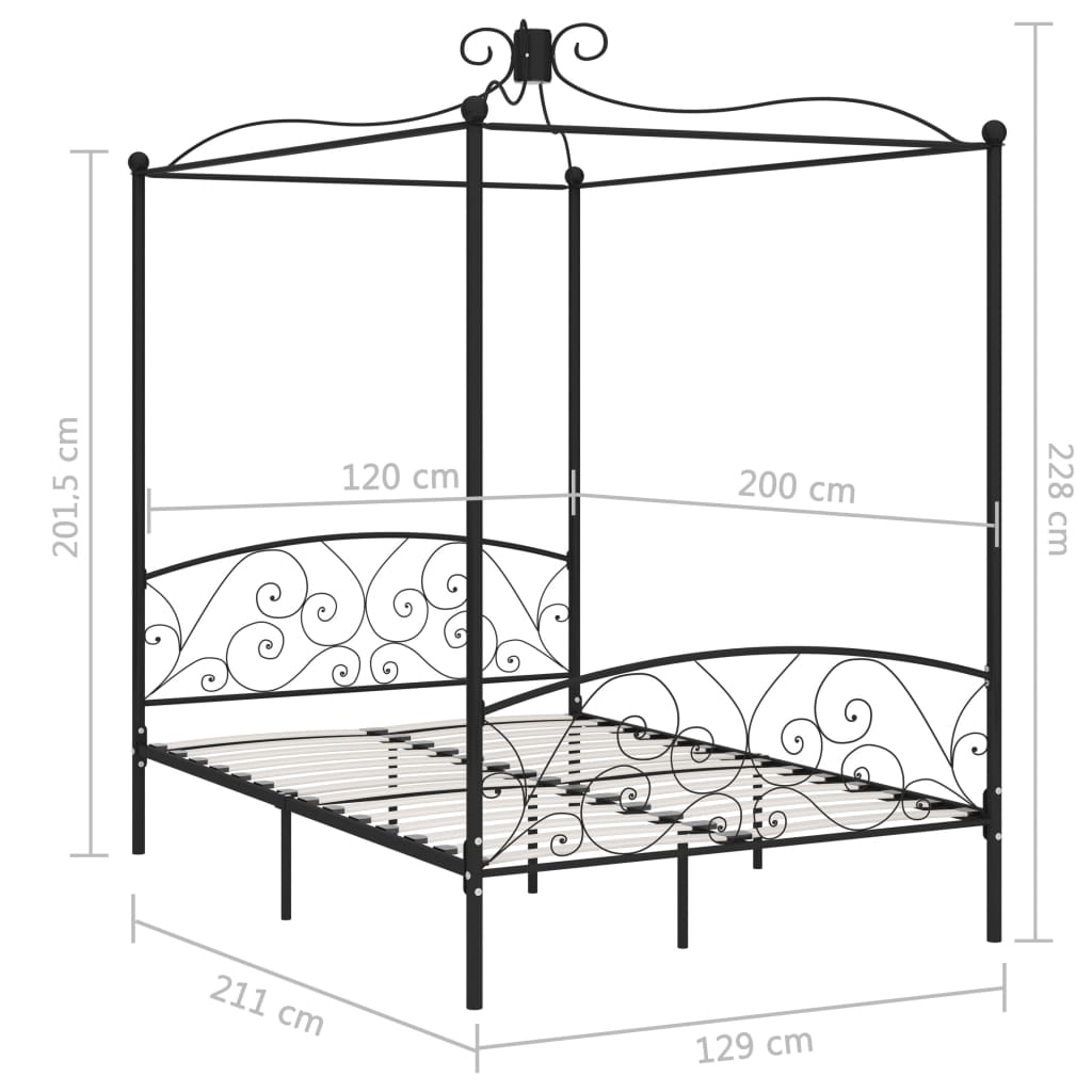 vidaXL gultas rāmis ar nojumi, melns, metāls, 120x200 cm