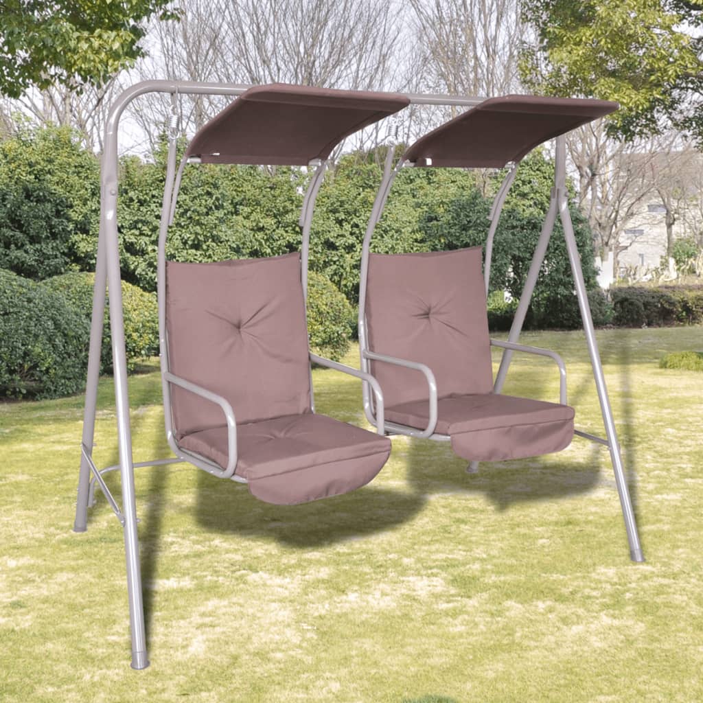vidaXL divvietīgs dārza šūpuļkrēsls ar 2 jumtiņiem, 2 sēdekļiem, brūns