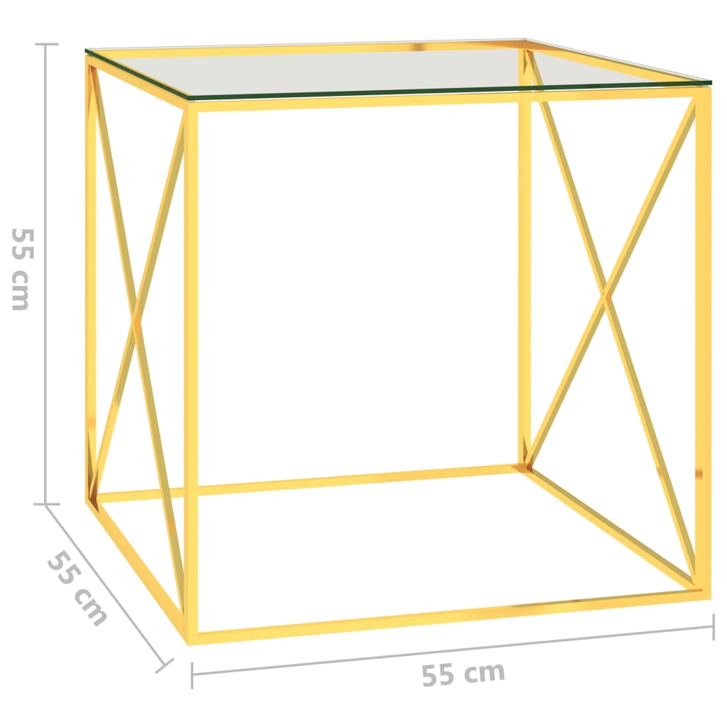 vidaXL kafijas galdiņš, zeltains, 55x55x55 cm, tērauds, stikls
