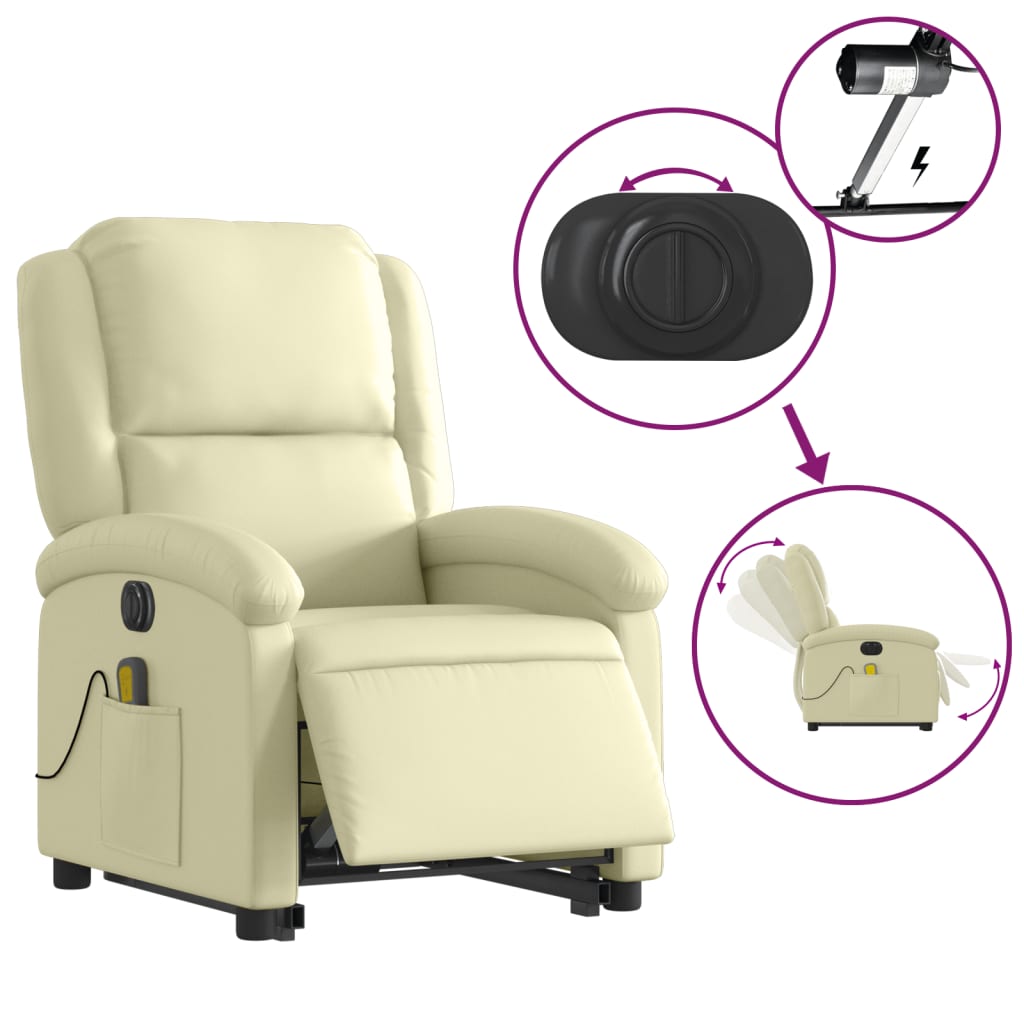 vidaXL elektrisks masāžas krēsls, paceļams, krēmkrāsas dabīgā āda