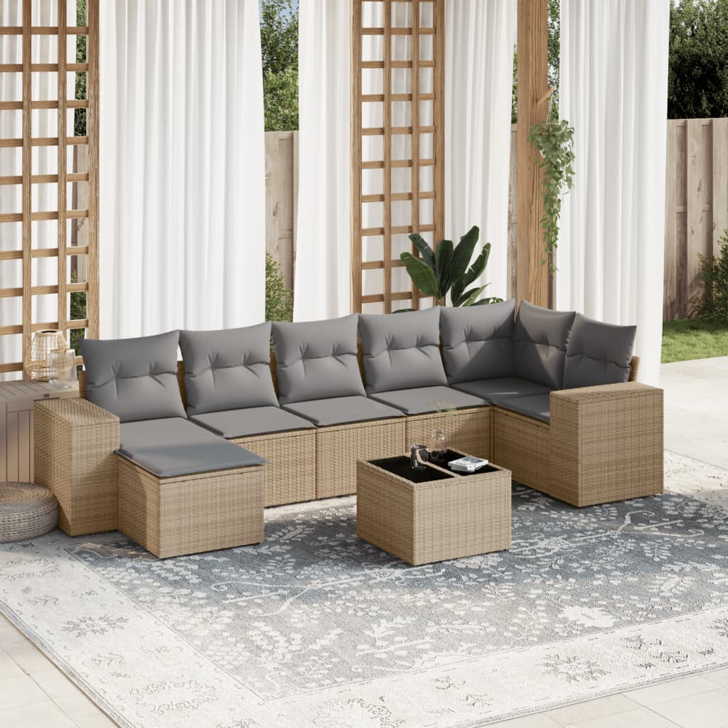 vidaXL 8-daļīgs dārza dīvāna komplekts, matrači, bēša PE rotangpalma