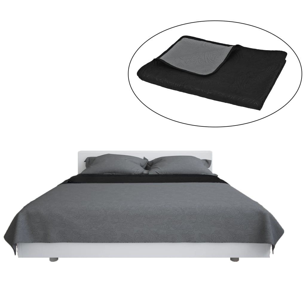 vidaXL gultas pārklājs, 230x260cm, divpusējs, stepēts, pelēks un melns