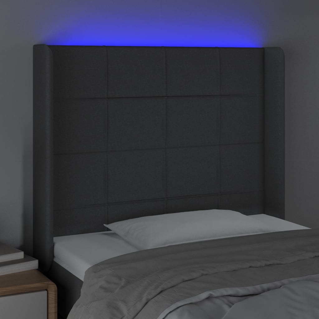 vidaXL gultas galvgalis ar LED, 103x16x118/128 cm, tumši pelēks audums