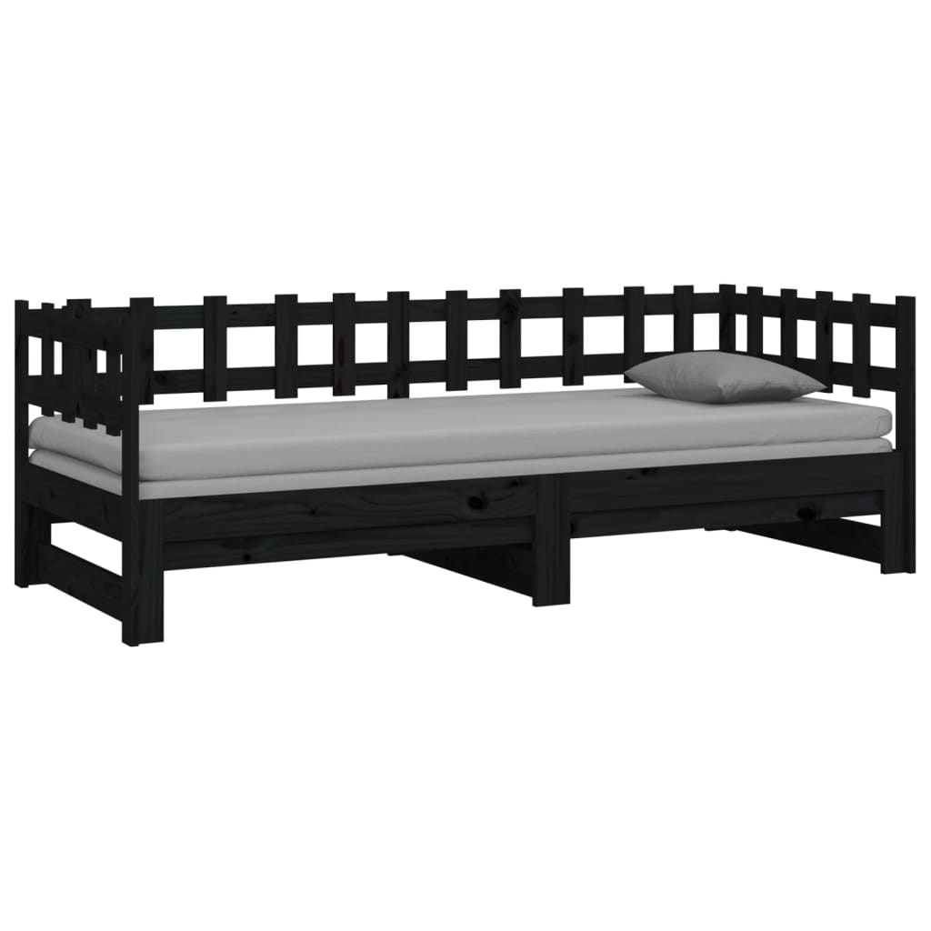 vidaXL izvelkama gulta, melna, 2x(90x190) cm, priedes masīvkoks