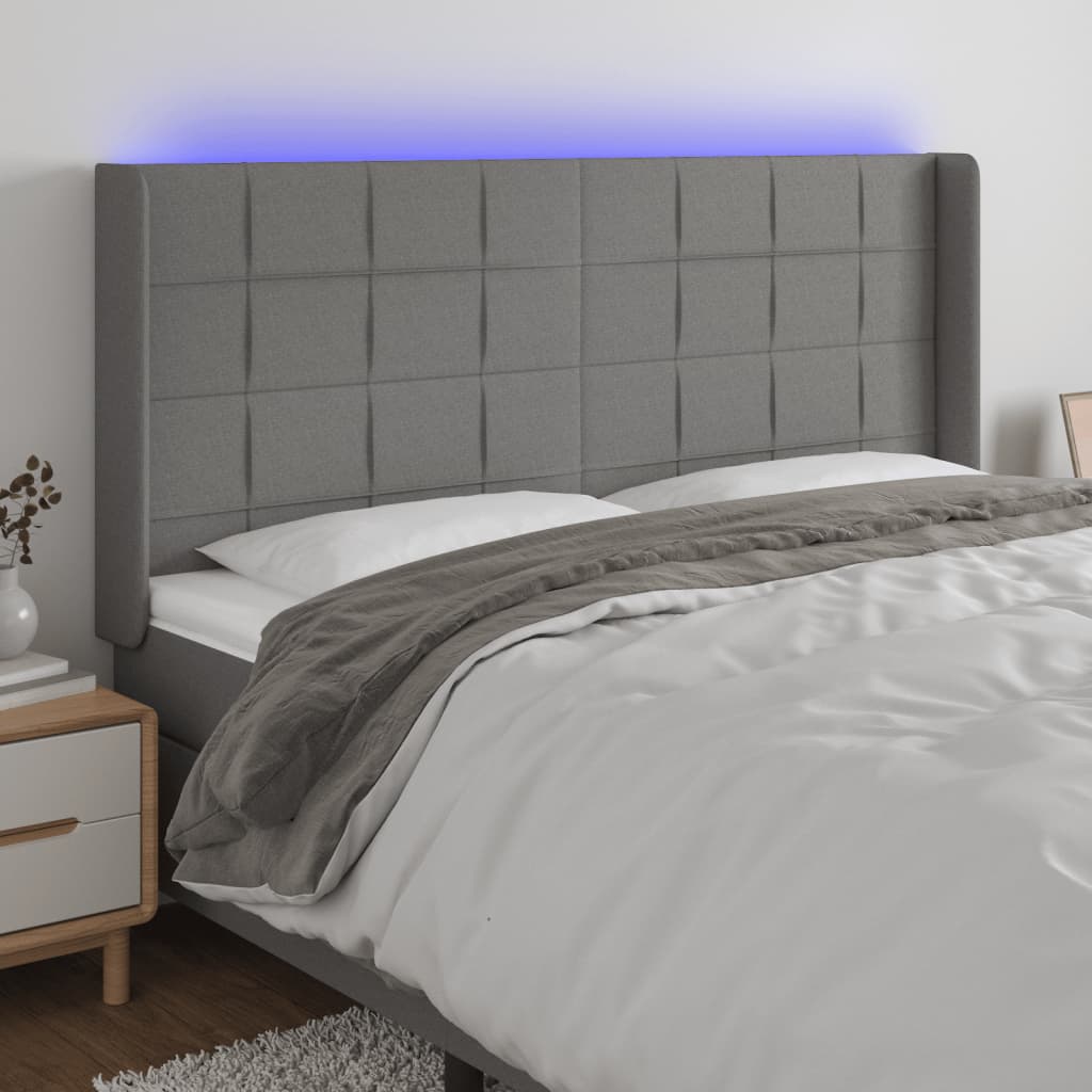 vidaXL gultas galvgalis ar LED, 163x16x118/128 cm, tumši pelēks audums