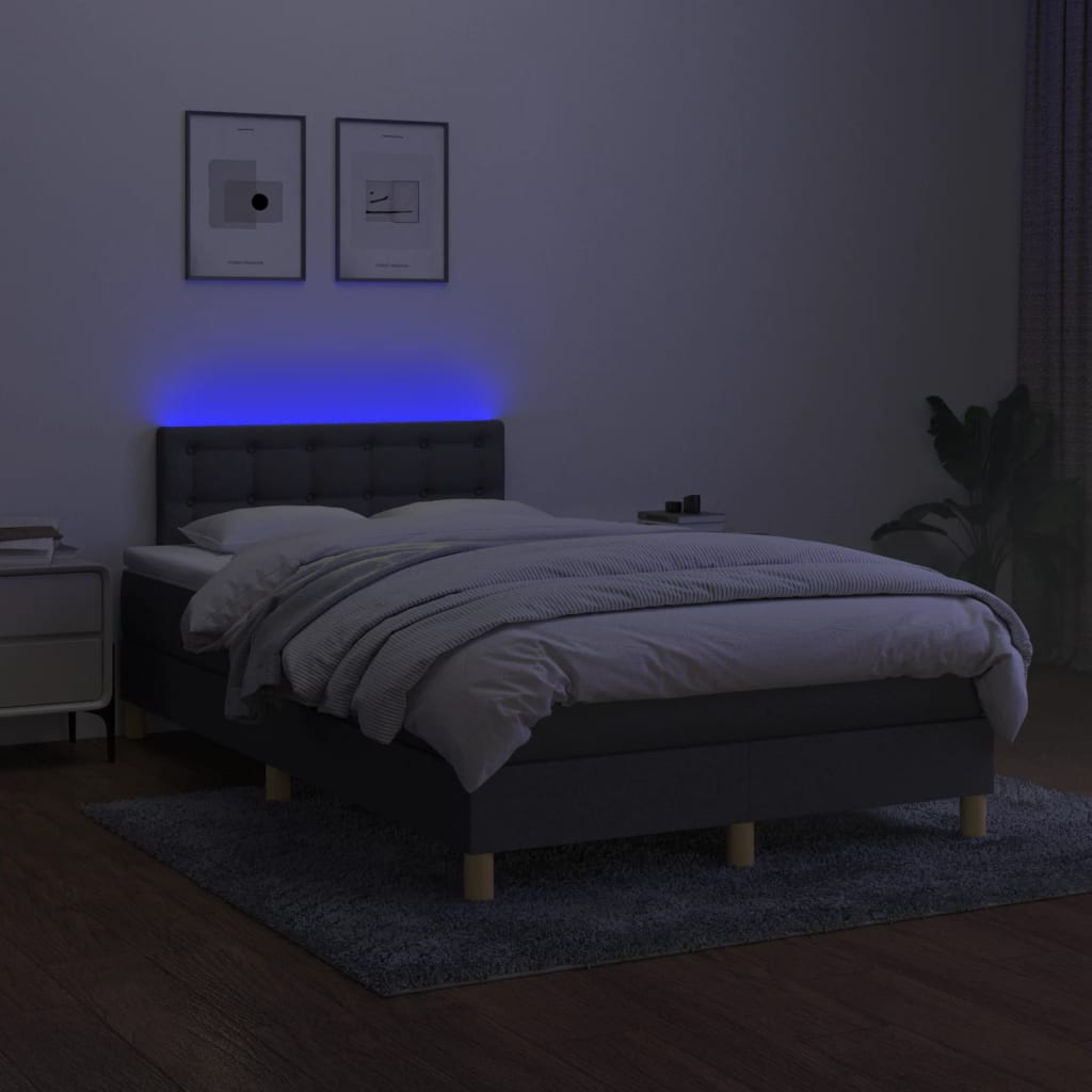 vidaXL atsperu gulta ar matraci, LED, tumši pelēks audums, 120x200 cm