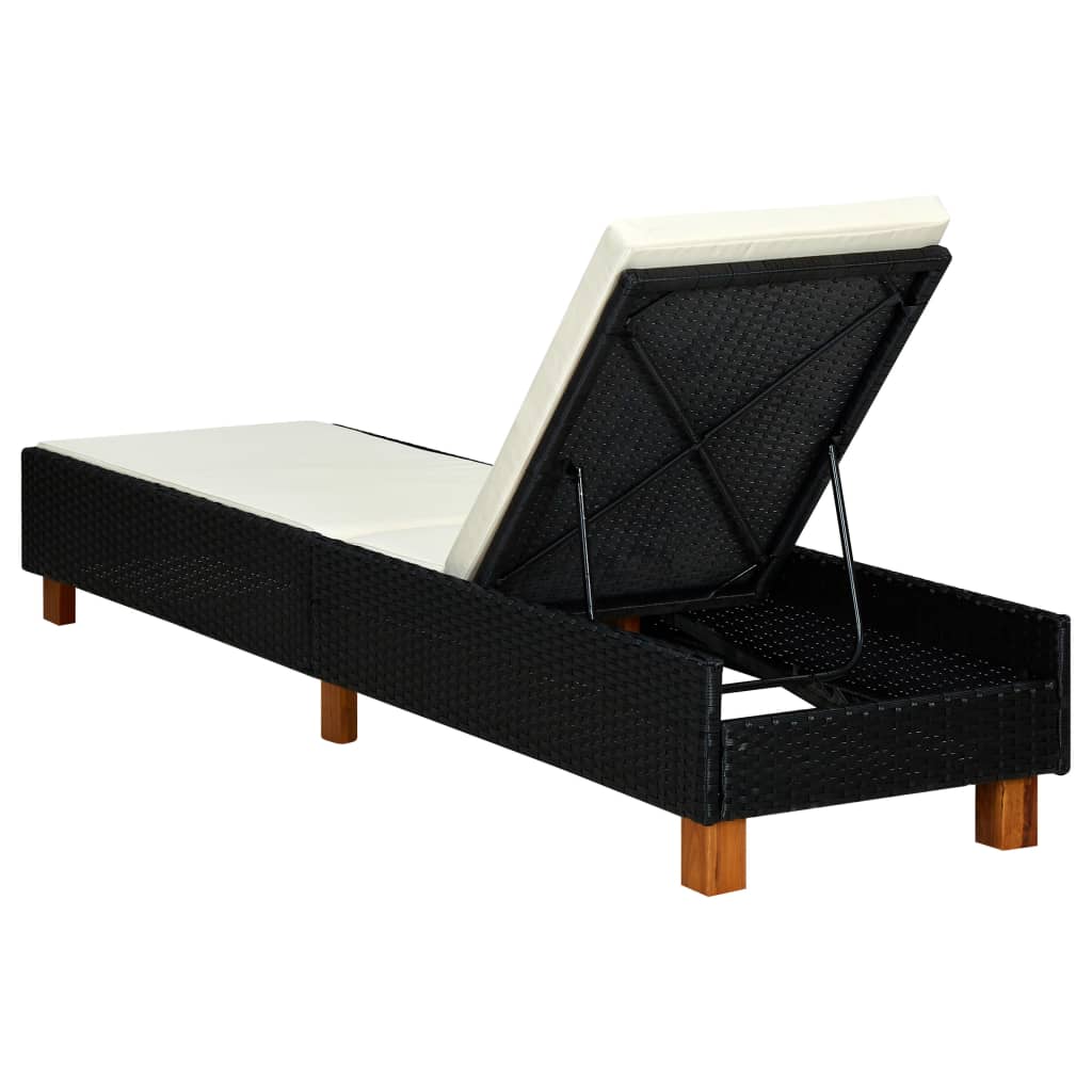 vidaXL sauļošanās gulta ar matraci, melna PE rotangpalma