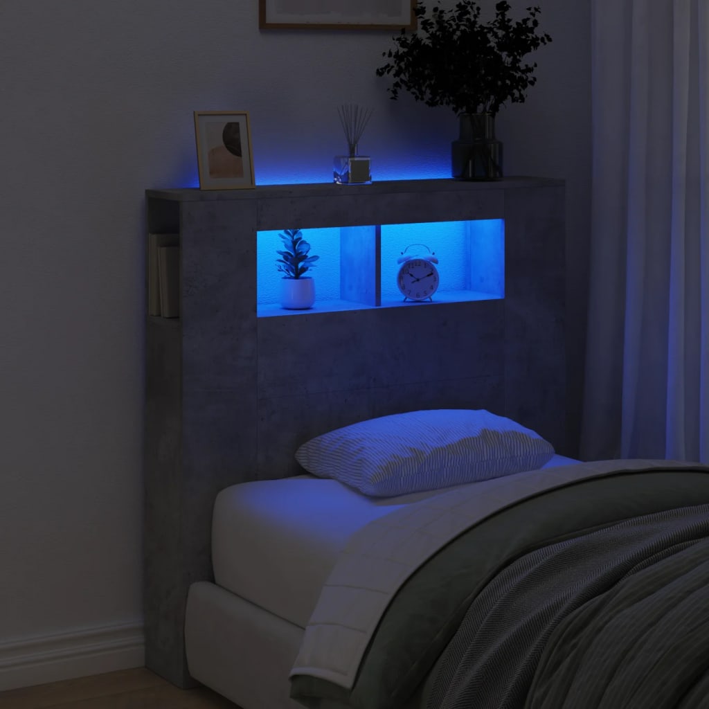 vidaXL gultas galvgalis ar LED, betona pelēks, 100x18,5x103,5 cm, koks