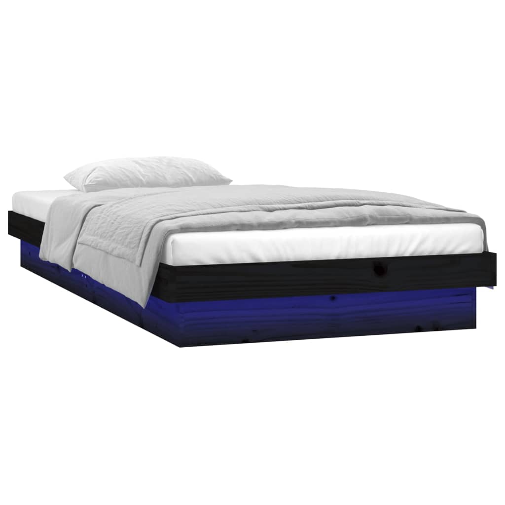 vidaXL gultas rāmis, LED, melns, 90x200 cm, masīvkoks