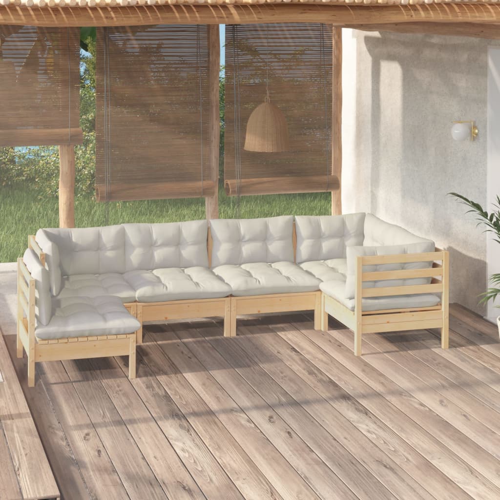 vidaXL 6-daļīgs dārza mēbeļu komplekts ar krēmkrāsas matračiem, priede
