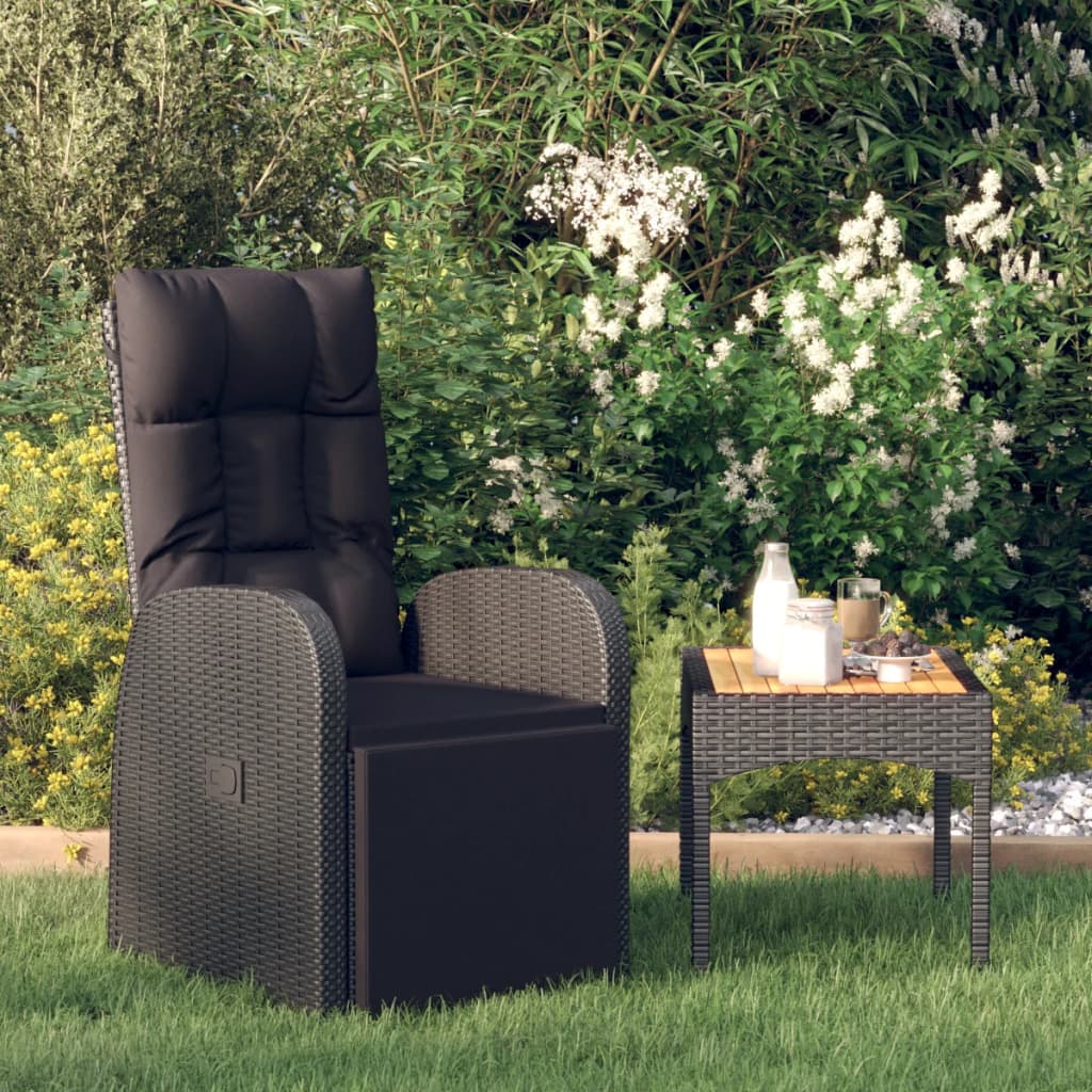 vidaXL atgāžams dārza krēsls ar matračiem, melna PE rotangpalma