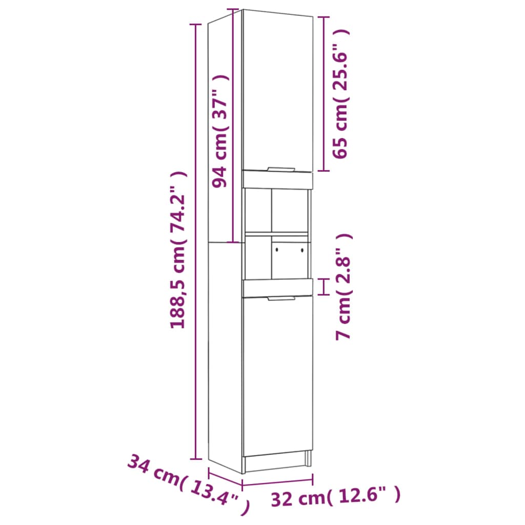 vidaXL vannasistabas skapis, pelēks, 32x34x188,5 cm, inženierijas koks